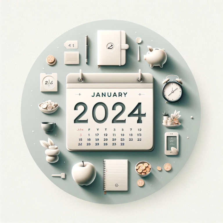 January 2024 calendar, accompanied by a fitness tracker, a closed journal, a simple healthy meal illustration, and a small piggy bank, set against a clean, light-colored background, conveying calm, organization, and motivation for New Year's resolutions.